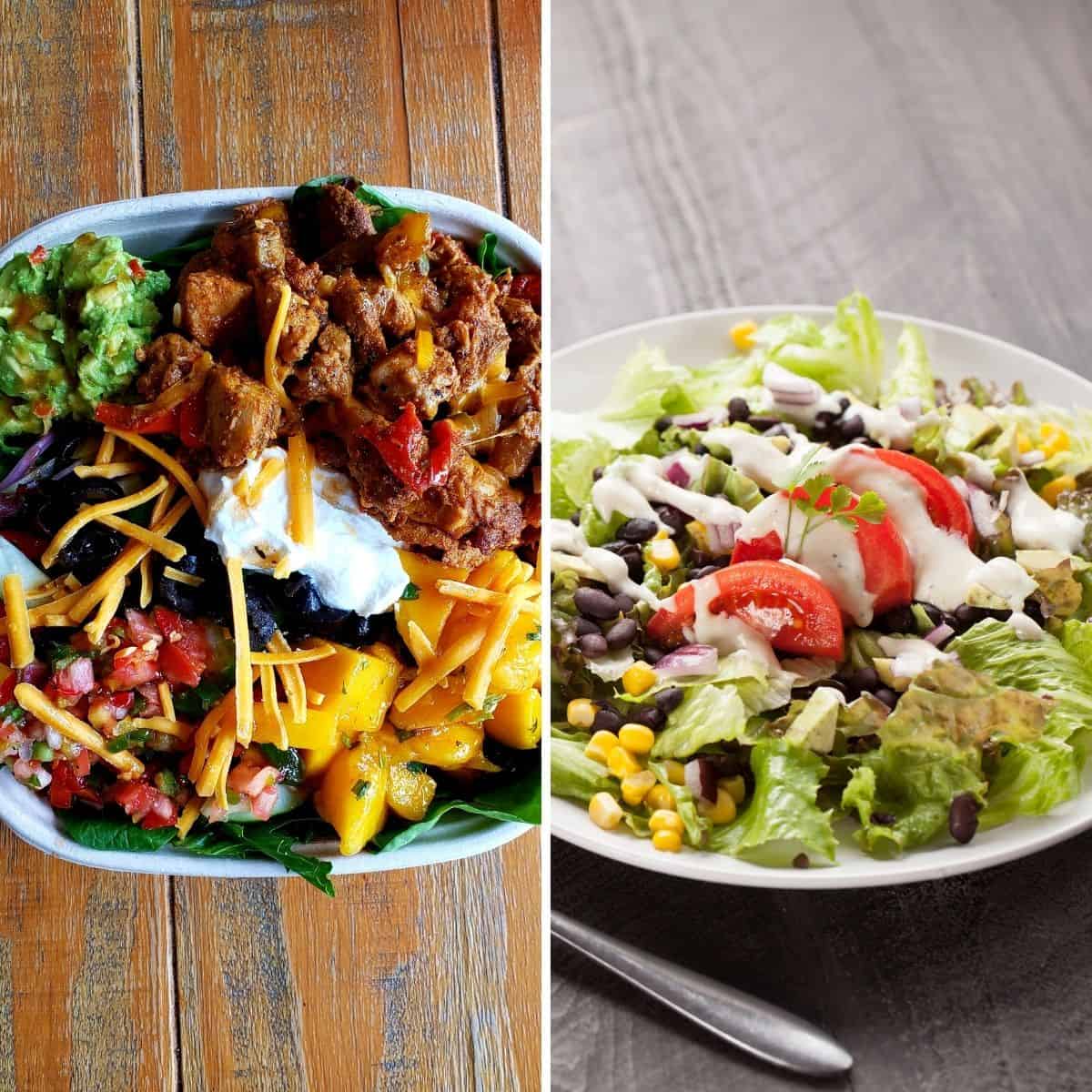 taco bowls and southwest salad served in plates for 500 calorie meals