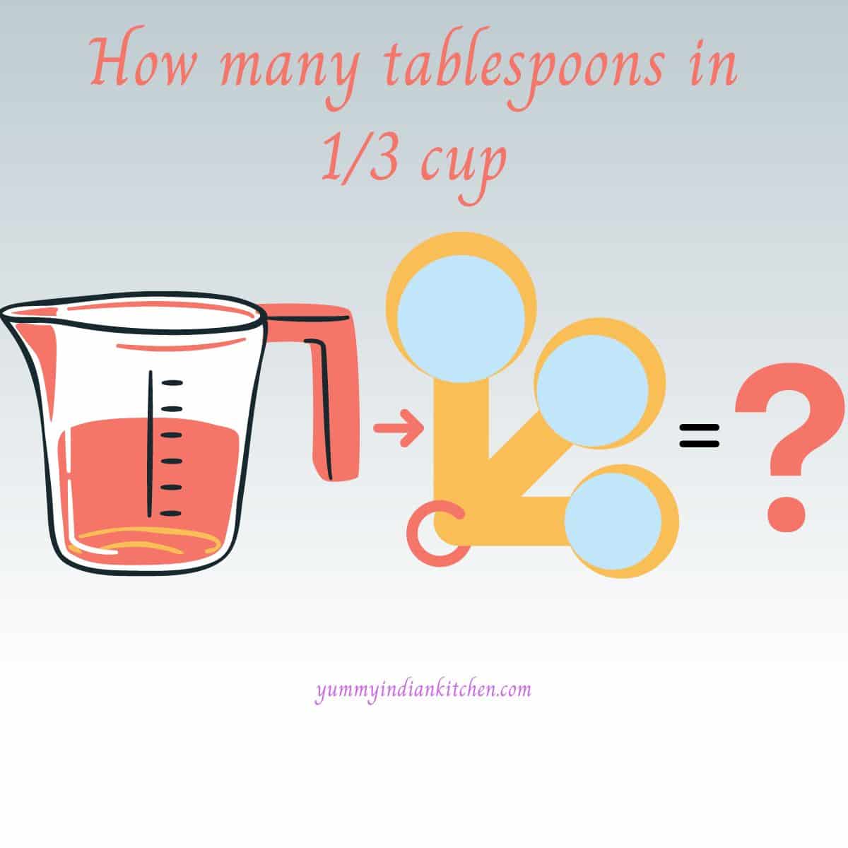 A measuring cup and spoons showing in the form of question mark to learn how many tablespoons in ⅓ cup