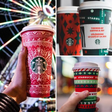 starbucks christmas drink cups shown in a collage