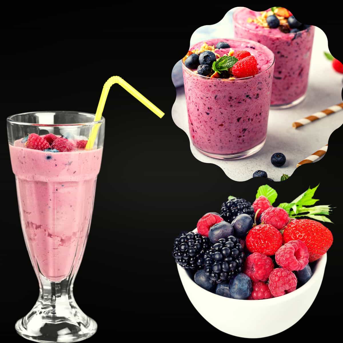frozen mixed berry smoothie with almond milk in a glass with a straw and frozen berries in a bowl