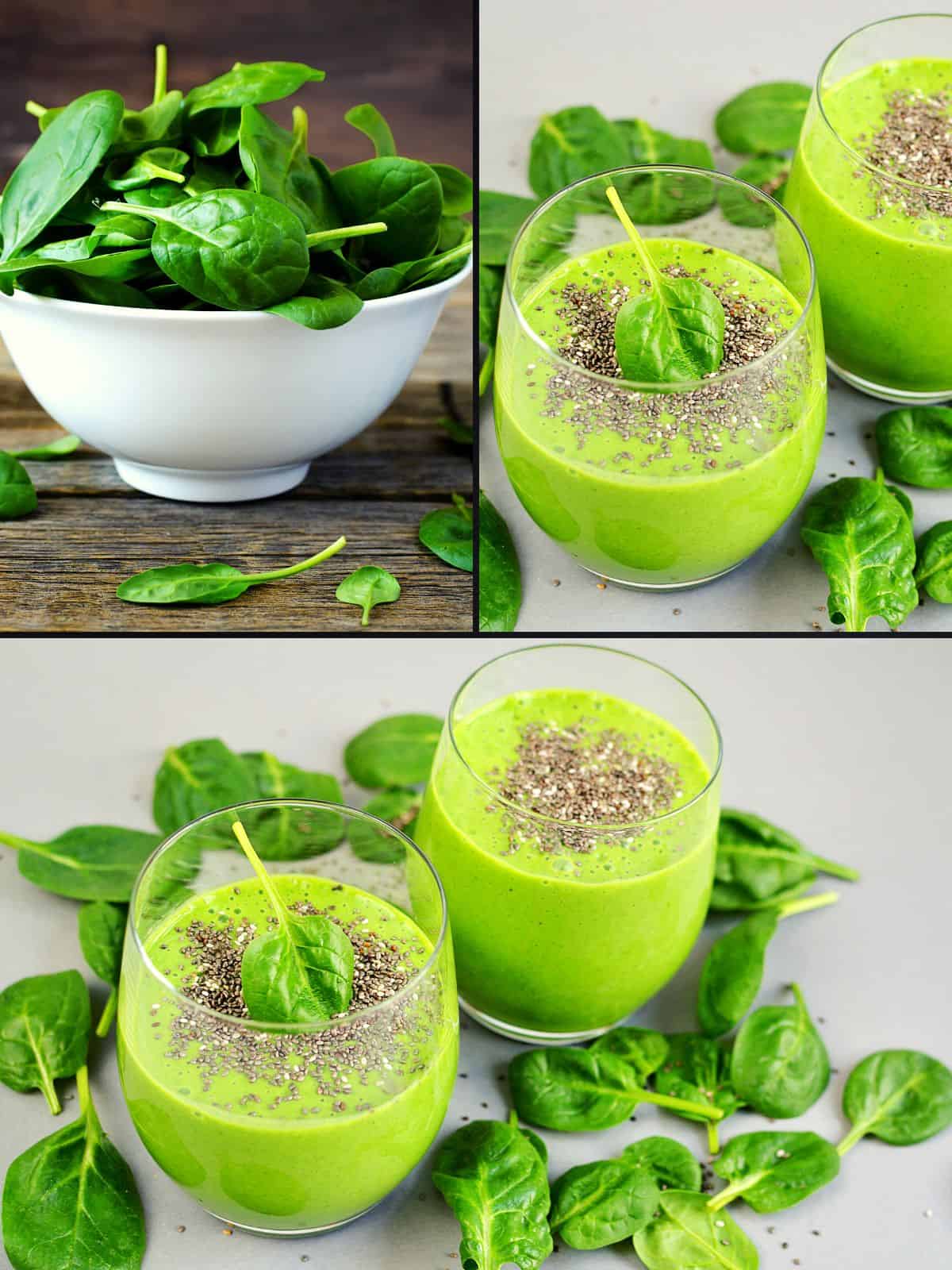 frozen spinach smoothie in two glasses with spinach showing in a bowl