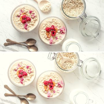 overnight instant oatmeal bowls with oats shown as garnishing background