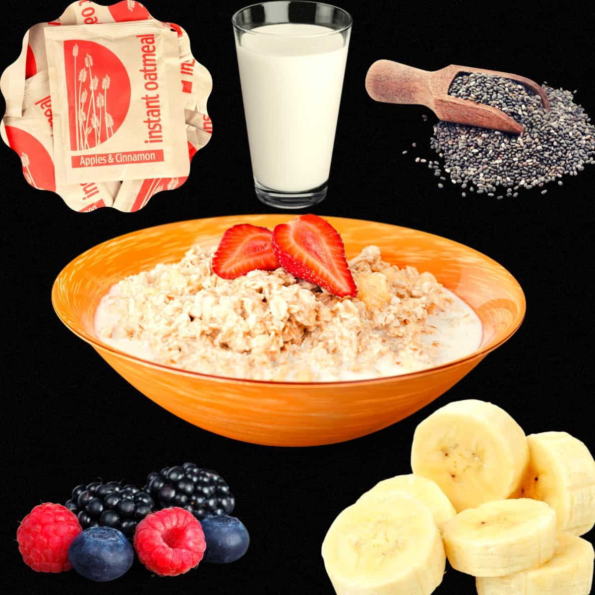 ingredients shown in the image to make overnight oats with instant oats packets