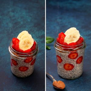 overnight oats with water in a jar with strawberry and banana toppings in a collage form