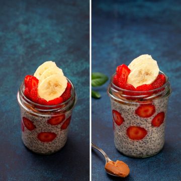overnight oats with water in a jar with strawberry and banana toppings in a collage form