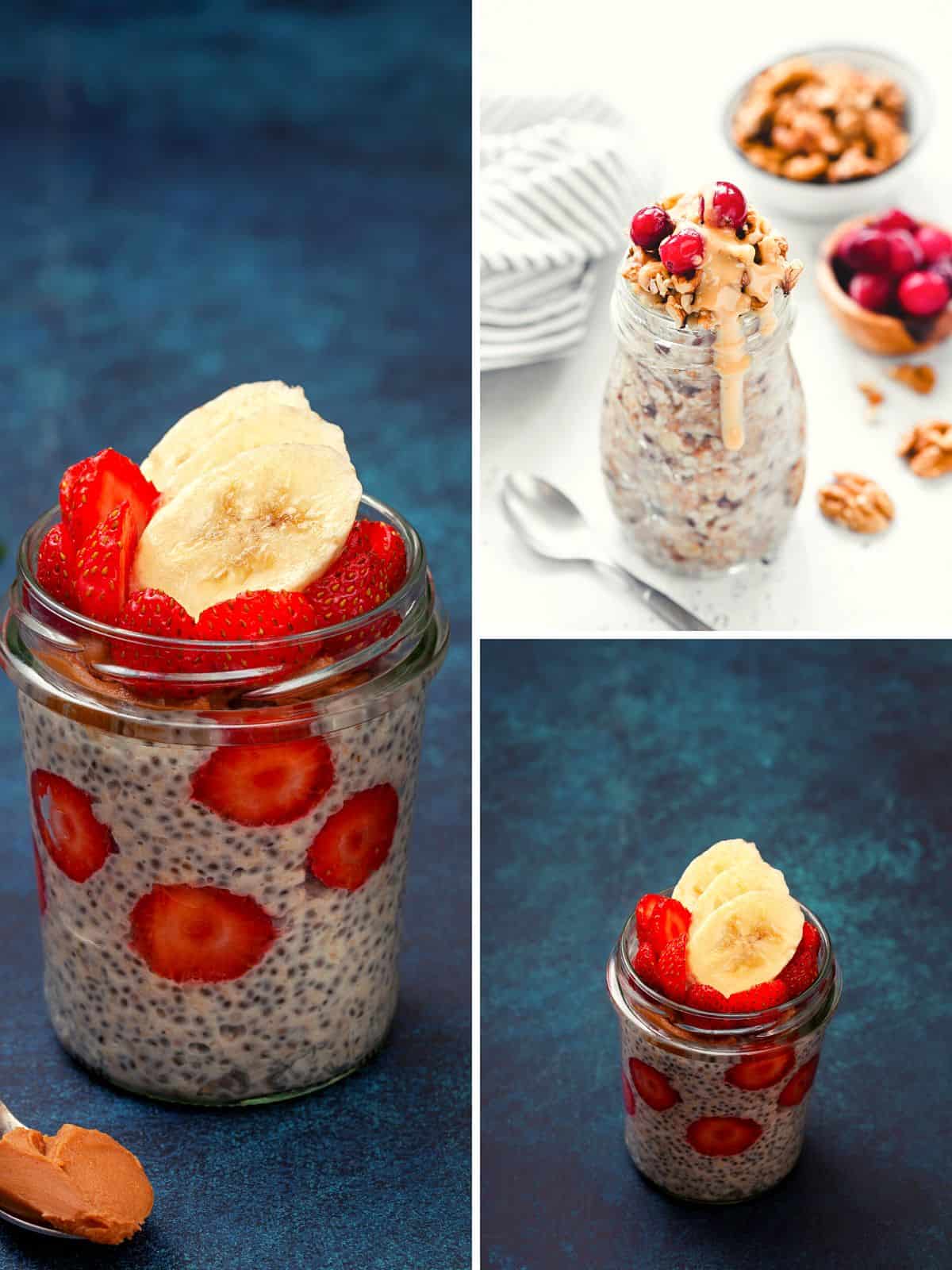 overnight oats with water without milk placed in jars with beautiful toppings in three different mini jars