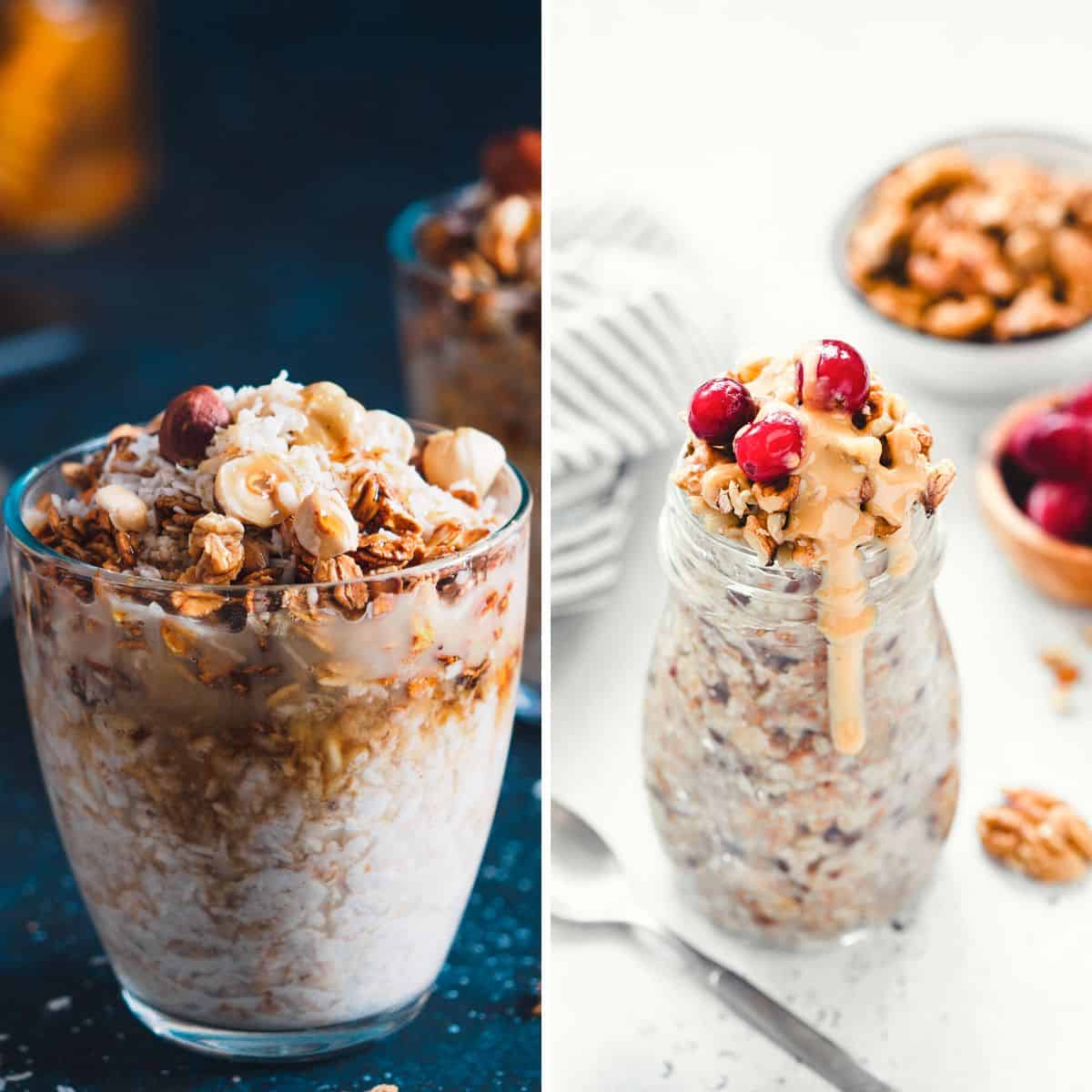 overnight oats with water and no milk placed in jars with different toppings in two different mini jars