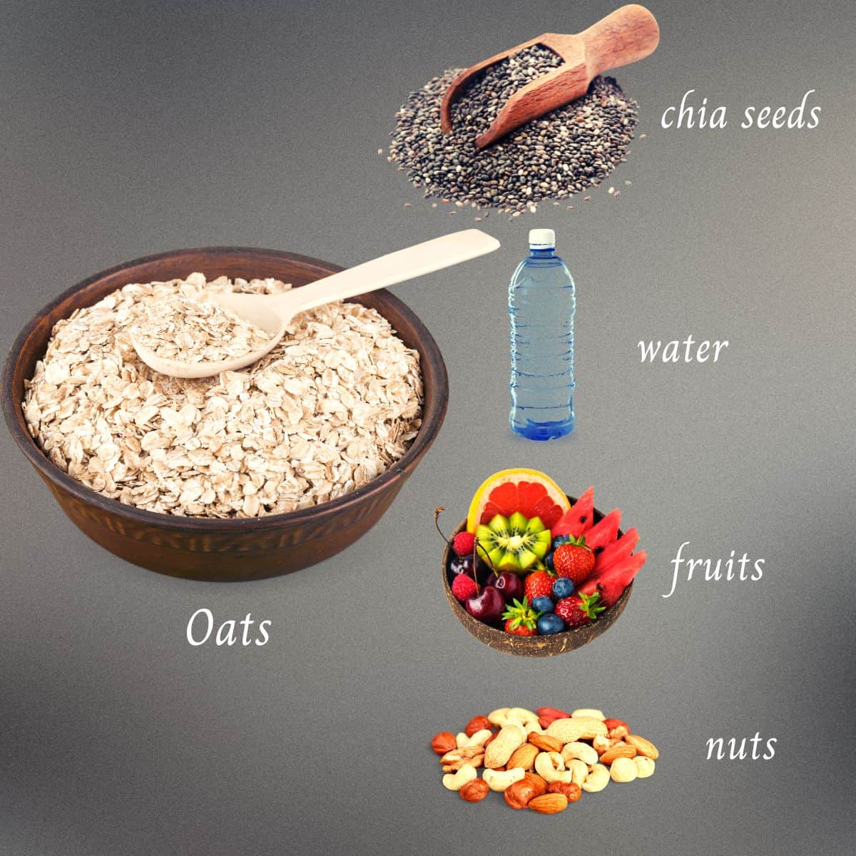 overnight oats making requirements such as oats, chia seeds, water, fruits and nuts shown in the image.