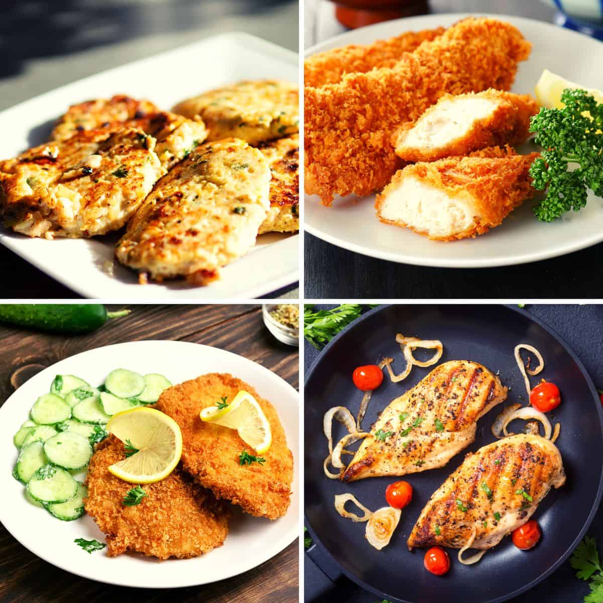four different recipes in a collage made from thin chicken breast