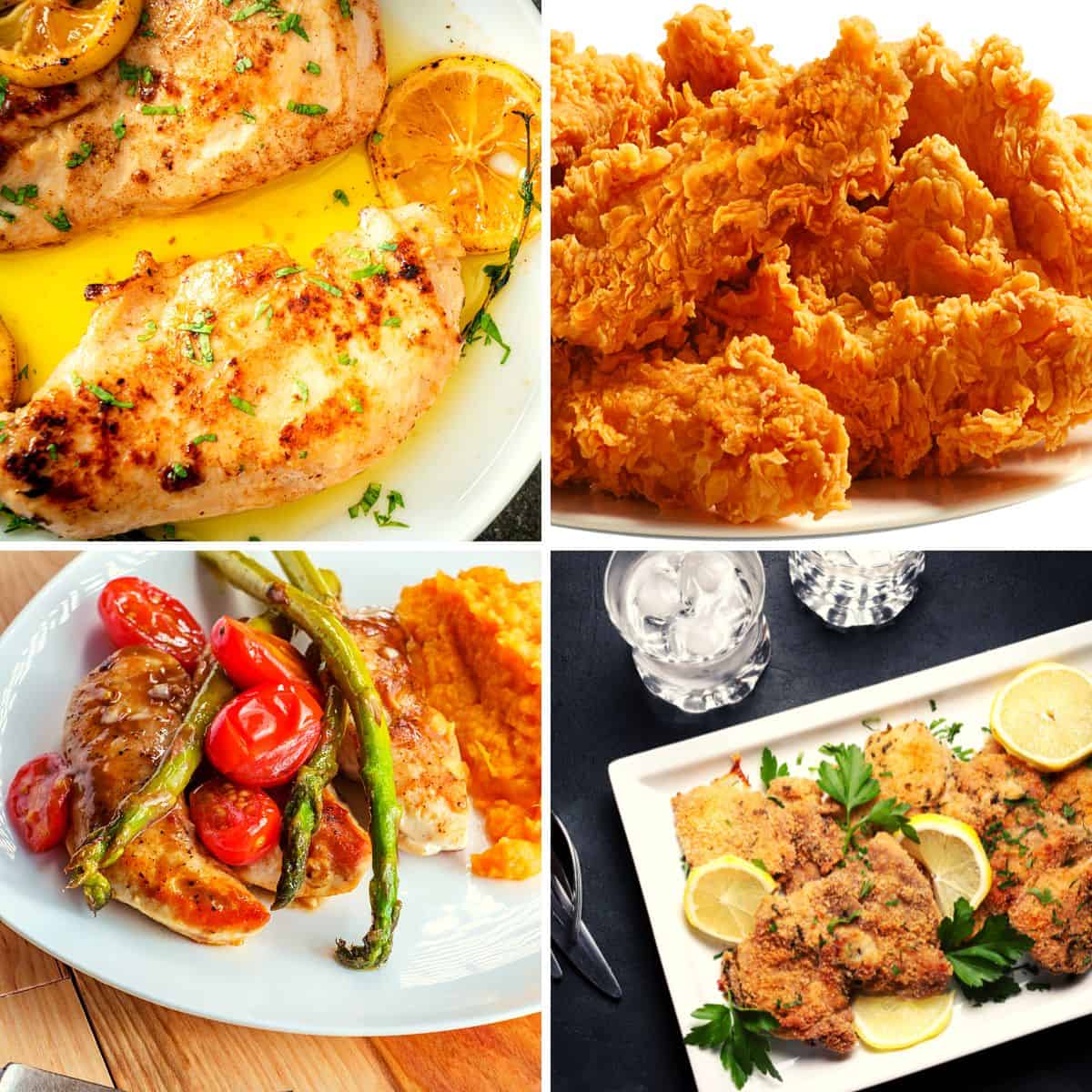 different thinly sliced chicken breast recipes in a collage such as cutlets in air fryer and baked chicken thin breasts