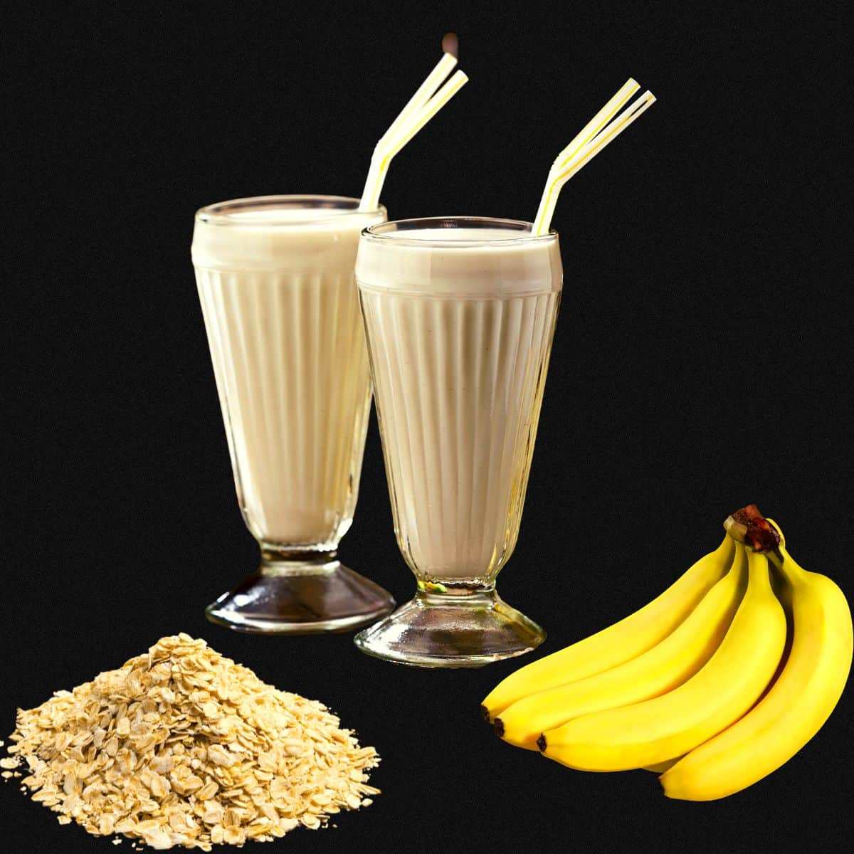 frozen banana smoothie in smoothie glasses with oats and bananas around the glasses