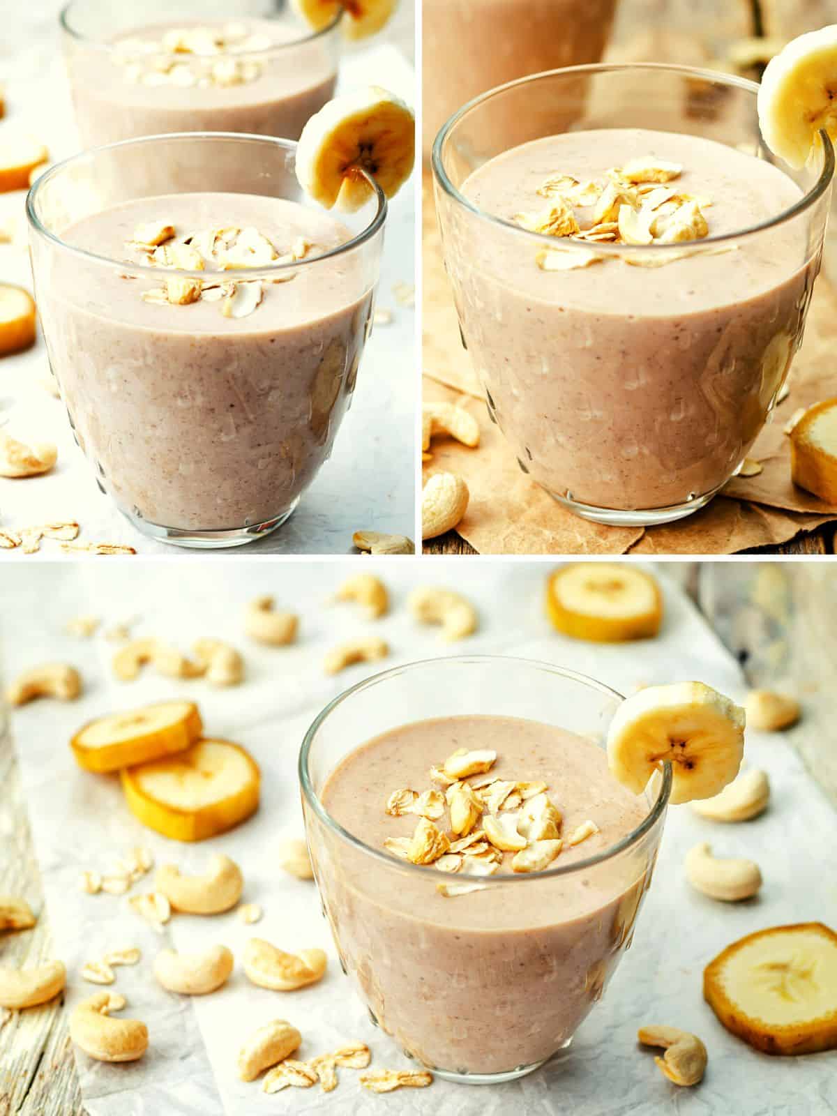 frozen banana smoothie with oats in three glasses 