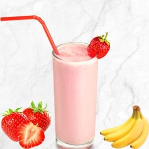 frozen strawberry smoothie in a glass with banana and strawberry placed around the glass