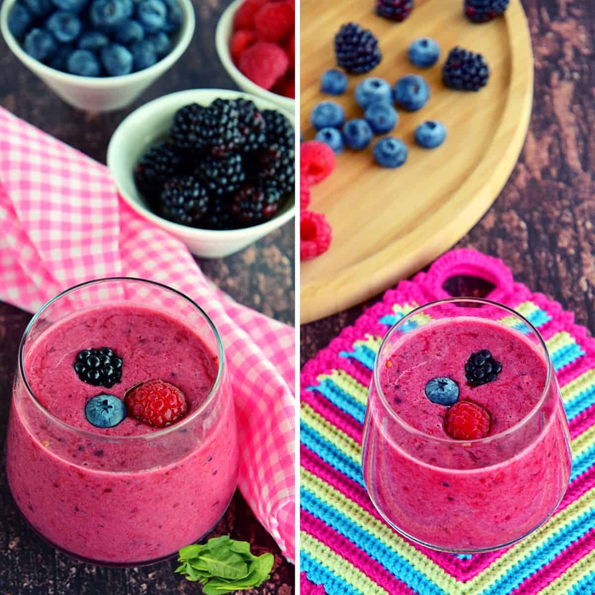 berry smoothie with yogurt in a glass with berries on a round board