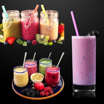 different smoothie recipes with frozen fruits in glasses with different fruit flavors