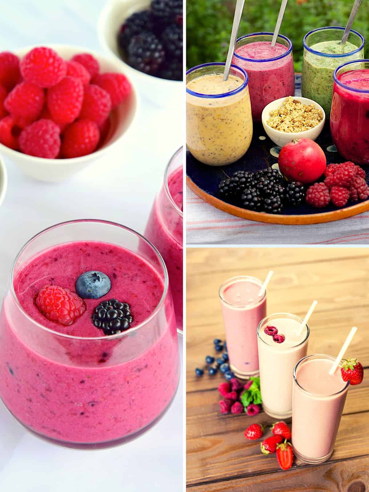 different fruit smoothies in glasses with different fruit flavors