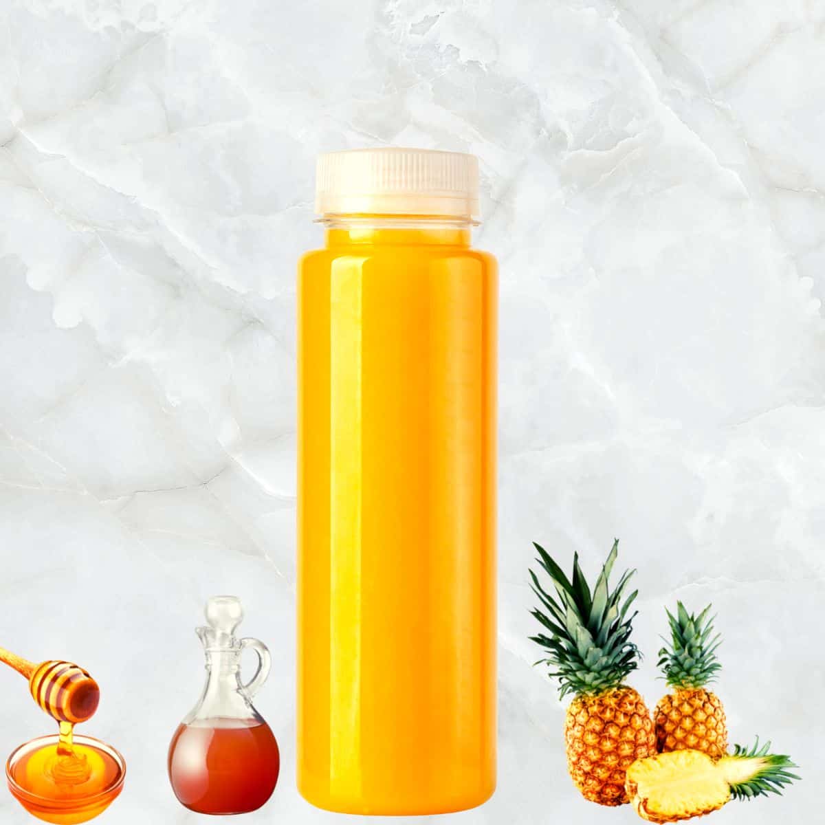 pineapple juice honey and apple cider vinegar in a bottle with ACV, honey and pineapple in the image