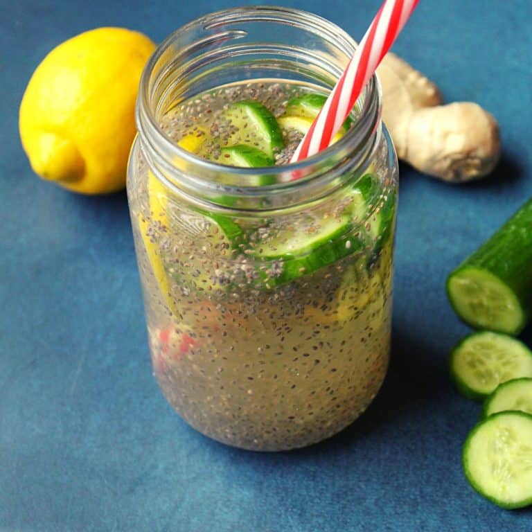 lemon and chia seed water as detox in a jar with a straw