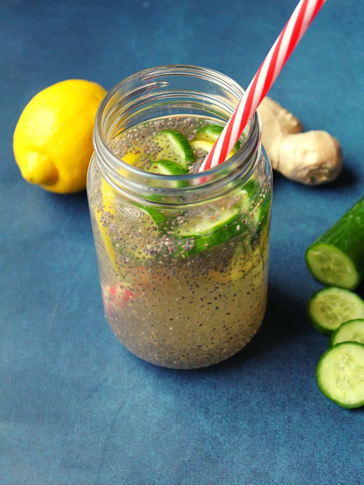 lemon and chia seed water as detox in a jar with a straw