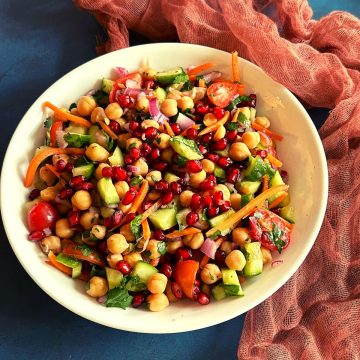 high protein vegetarian salad with chickpeas, veggies and pomegranate seeds in a bowl